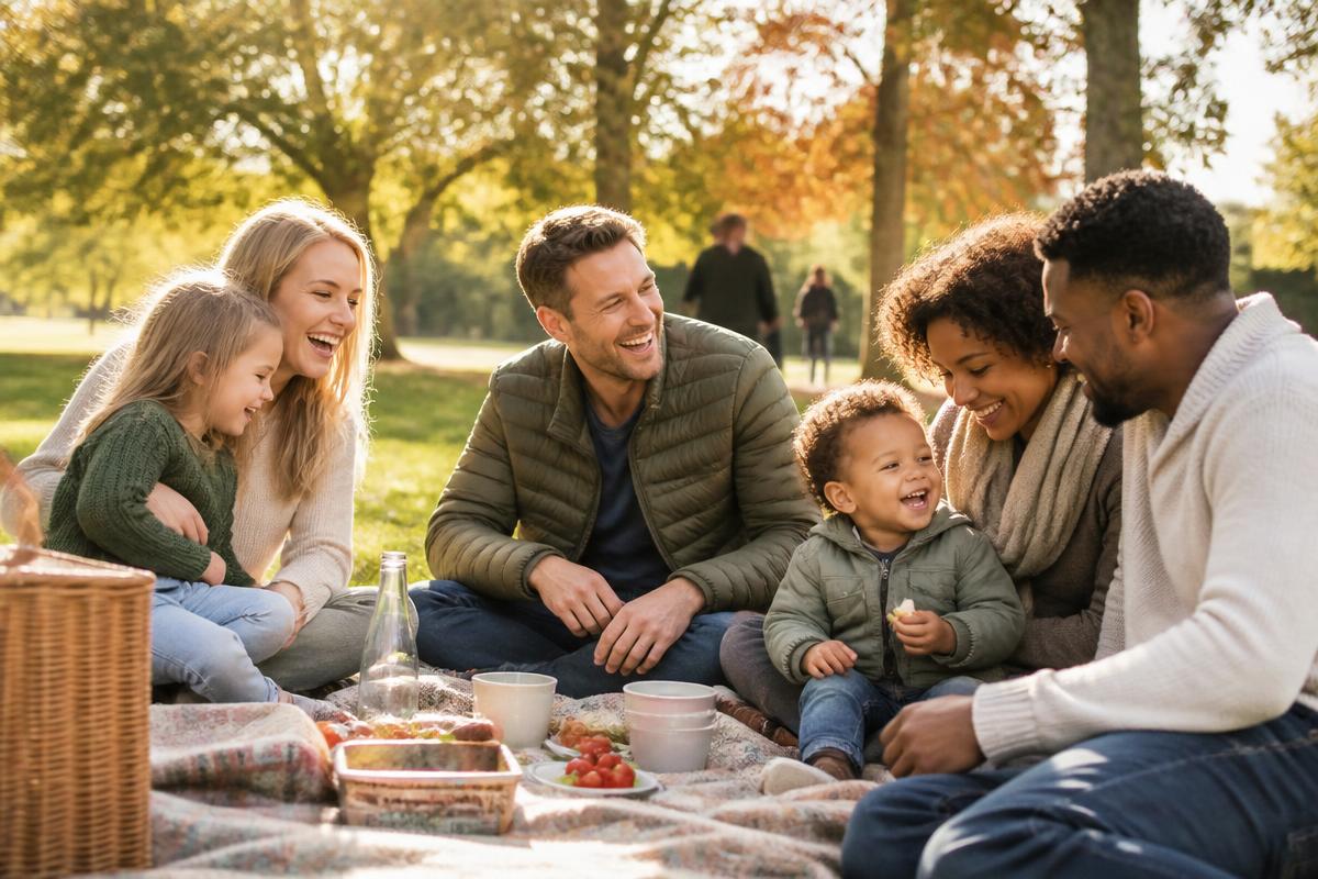 Two families laughing together at a picnic in a local park